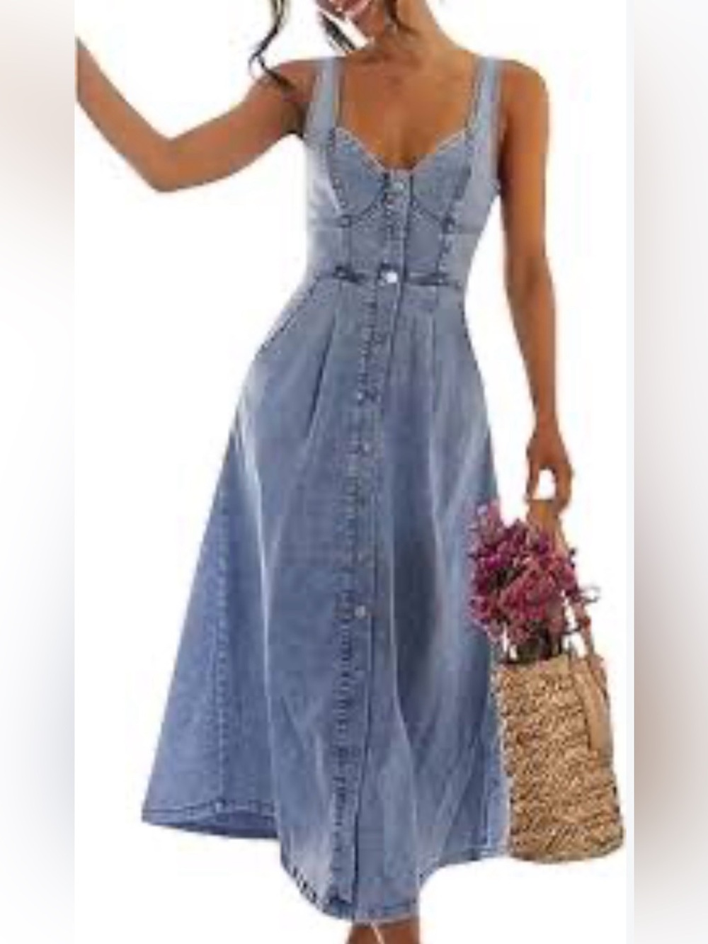 Sleeveless Blue Denim Button-Front Midi Dress